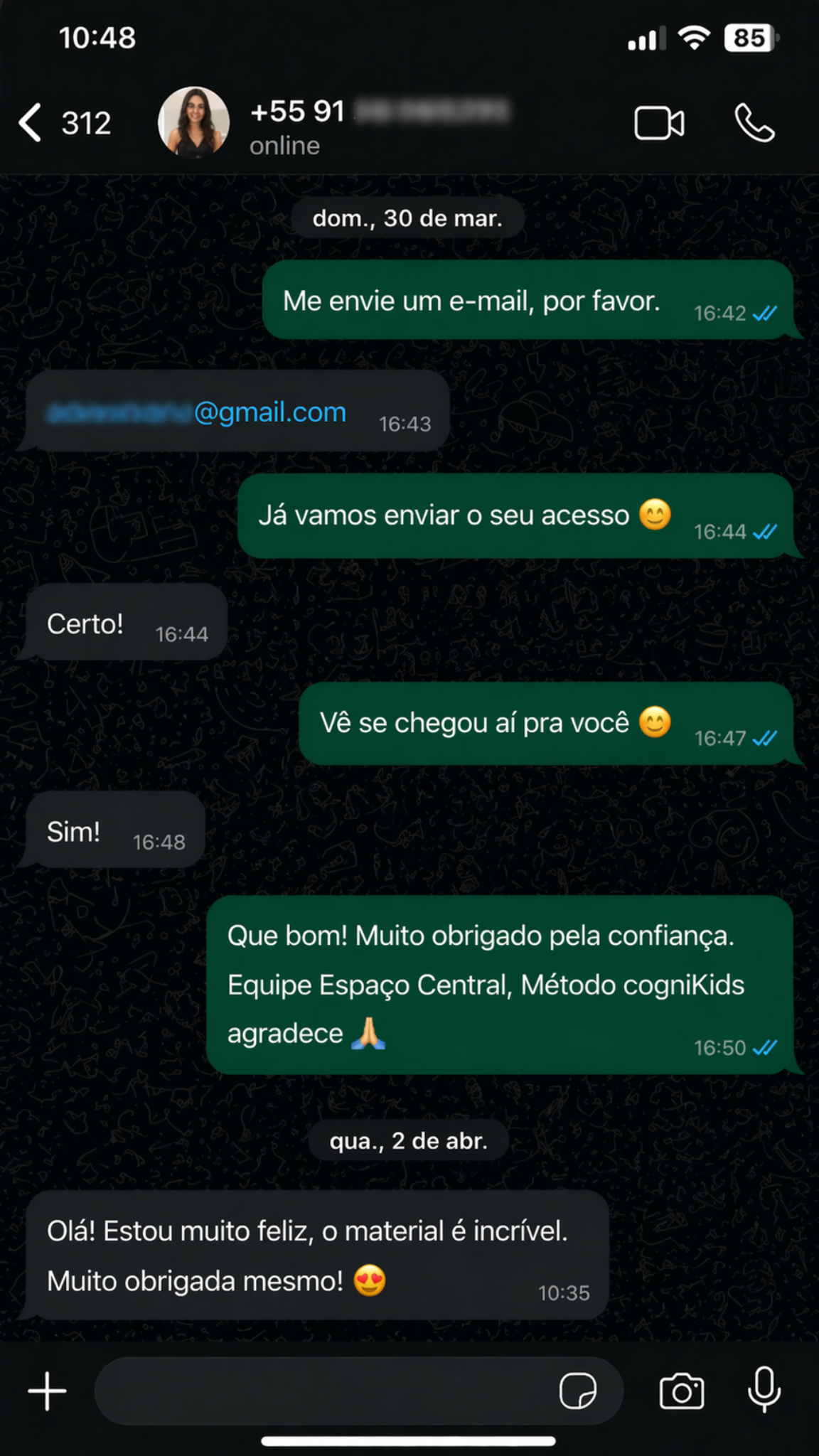 Depoimento no WhatsApp sobre material incrível